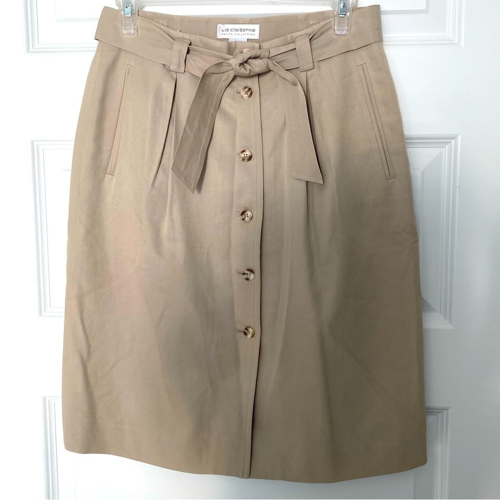 Liz Claiborne Button Down Tan Midi Belted Sz 12 Petite - Picture 2 of 10